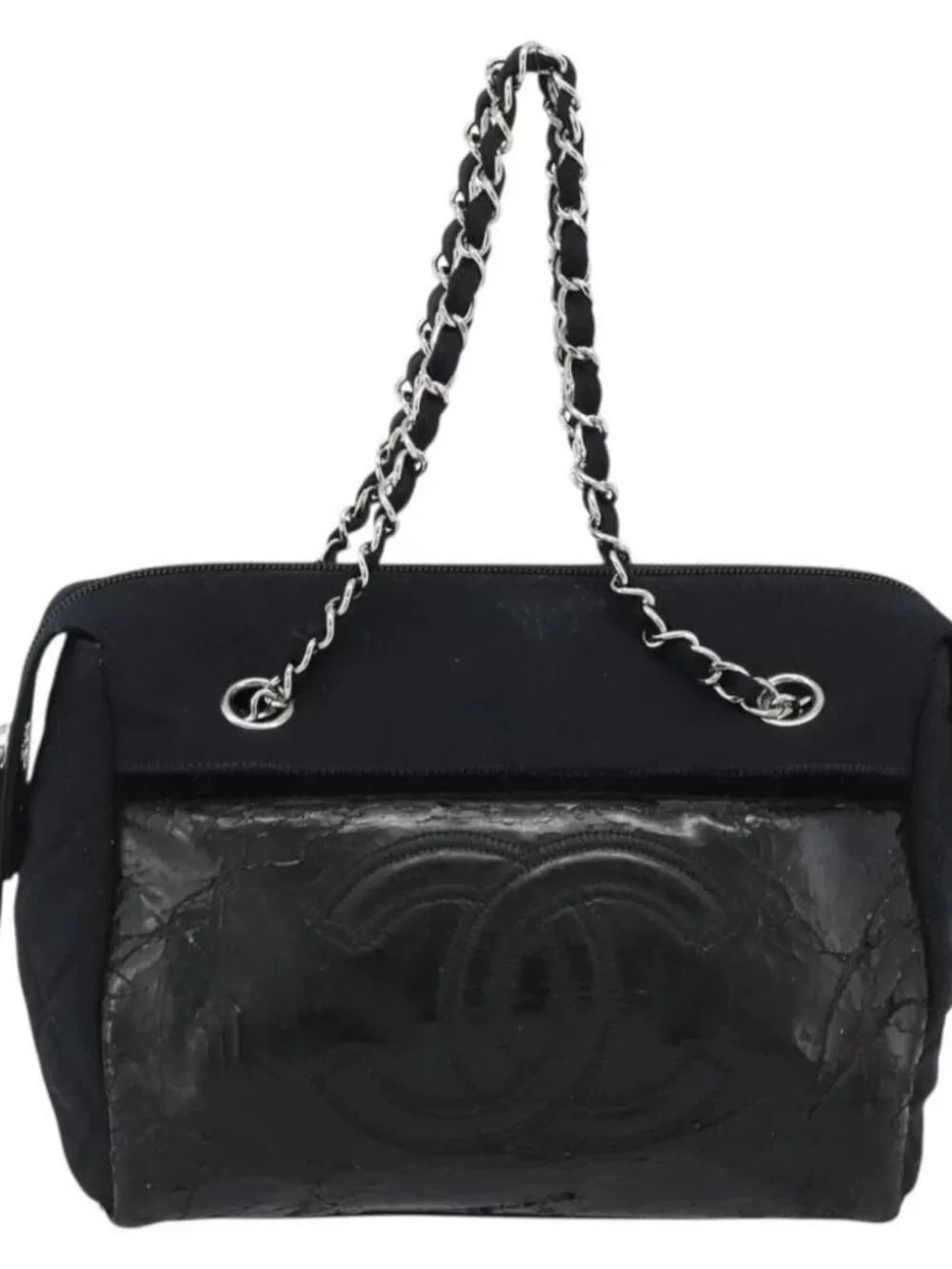 CHANEL Chain Shoulder Bag Canvas Black Silver CC Auth